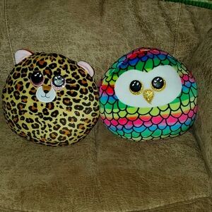 TY Squishy Beanies Livvie Spotted Leopard & Owen Rainbow Owl